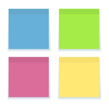 Gölgeli renkli yapışkan notlar. Dört - mavi, yeşil, pembe, sarı - yapıştırıcı hatırlatıcı not kağıdı simgesi. Vektör illüstrasyonu