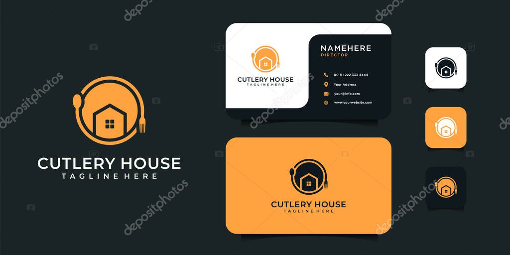 Cutlery house logo design with business card design vector template. Logo can be used for icon, brand, identity, inspiration, elegant, modern, and business company