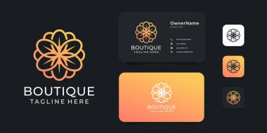 Butik çiçek logosu tasarımı ve kartvizit vektör ilham şablonu. Logo simge, marka, kimlik, çiçek, minimal, spa, kadınsı, dekorasyon, lüks ve iş dünyası için kullanılabilir