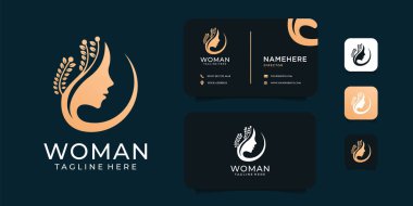 Kartvizitli kadın güzellik logosu tasarımı. Spa, yoga, sağlık, refah, marka, kimlik, ikon ve iş dünyası için takım elbise