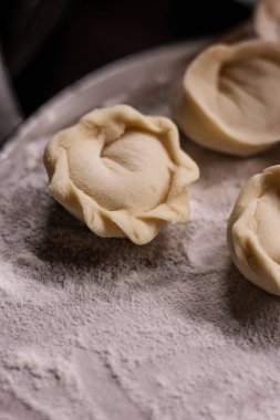 Tahta bir tahtanın üzerine un serpiştirilmiş el yapımı etli börekler.