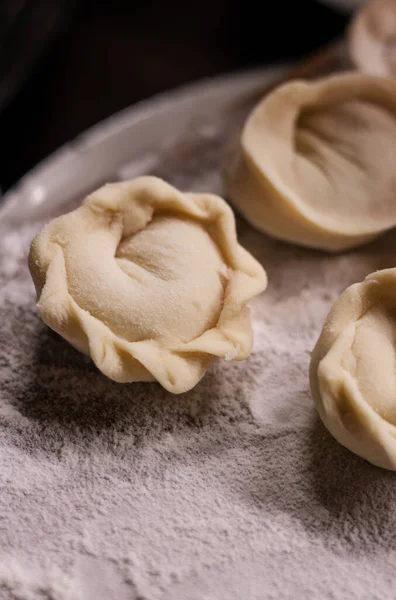 Tahta bir tahtanın üzerine un serpiştirilmiş el yapımı etli börekler.