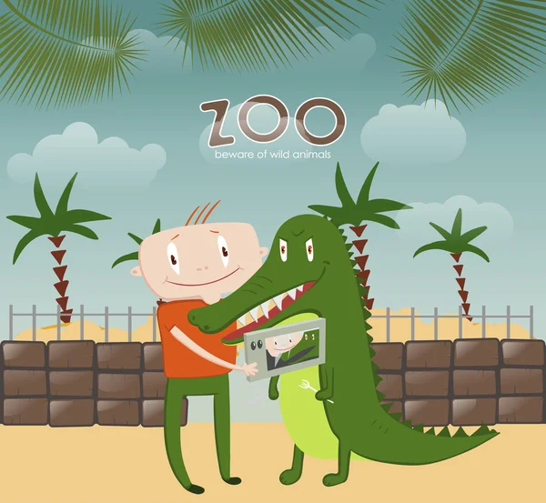 Man with a crocodile on a beach — Stock Vector