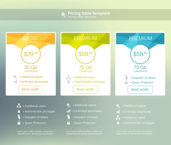 Três tarifas. interface para o site . — Vetor de Stock