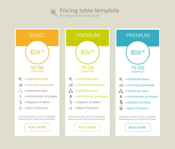 Três tarifas. interface para o site . —  Vetores de Stock