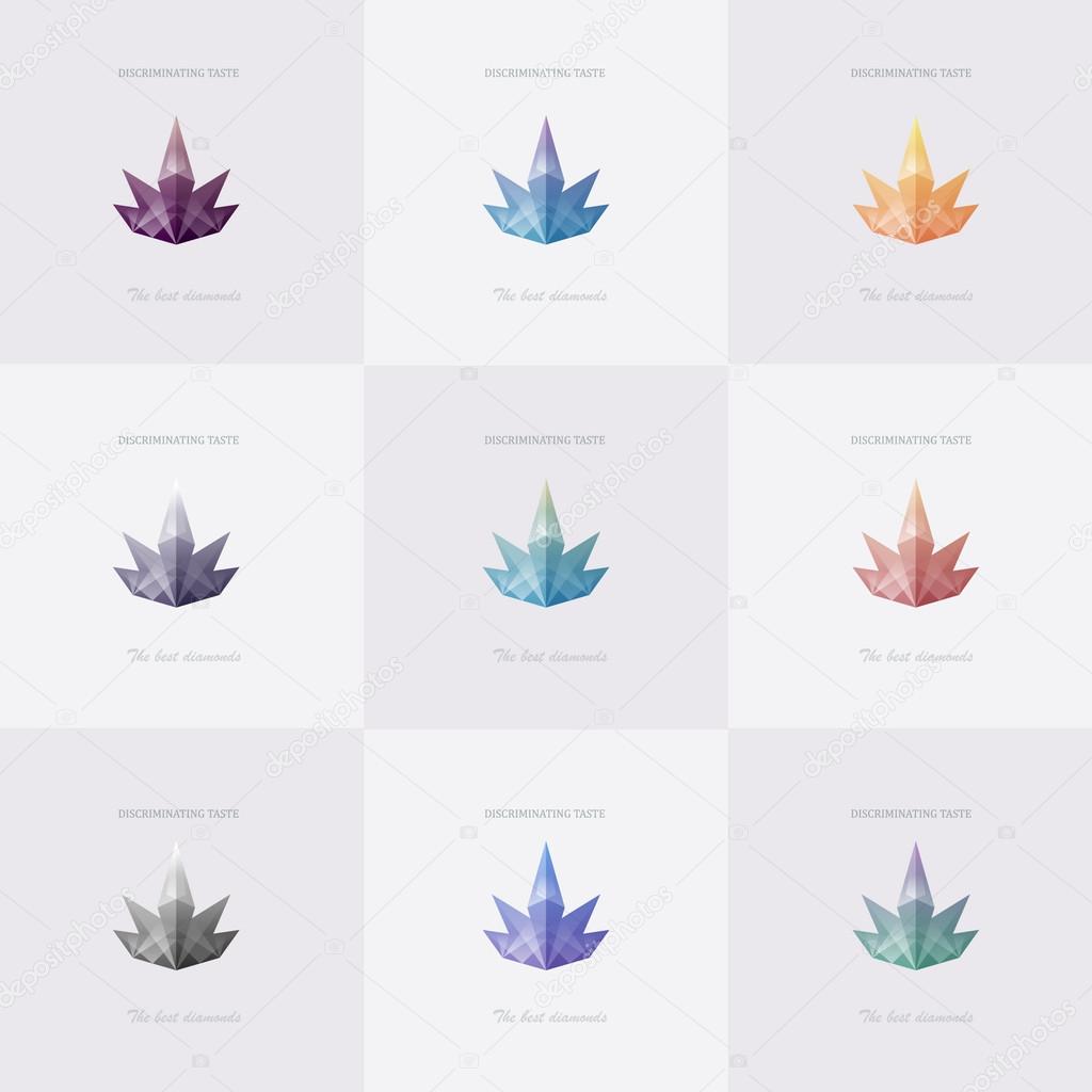 Premium diamond colorful collection. Set of trendy soft mesh facet crown crystal, diamond, gem. Geometric logo abstract shapes for business visual identity - triangle, and rectangular designs.