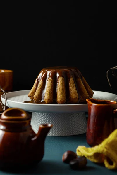 Autumn Pumpkin Bundt Cake Fried Poppy Seeds Caramel Dark Background — Stock Photo, Image