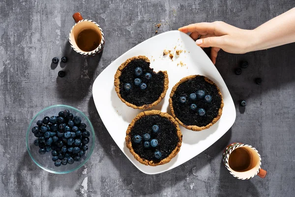 Small Italian Crostata Cakes Blueberry Jam Plate Coffee — Stock Photo, Image