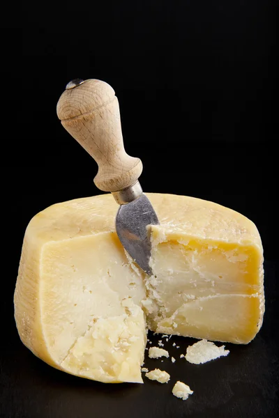 Enteras de parmesano con mango cuchillo de queso. en negro. pecorino — Foto de Stock