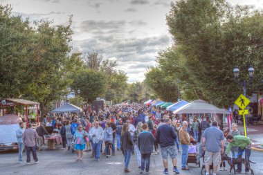 Küçük bir kasaba olan Amerika 'da sokak festivali. İnsanların alışveriş yaptığı renkli sokak manzaraları, renkli kabinler, eğlenen çocuklar..  