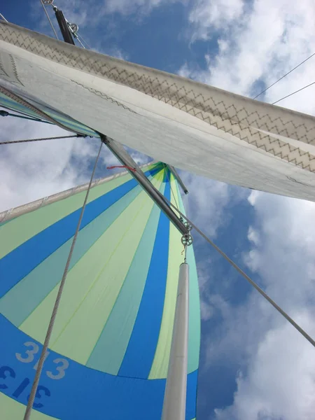 Yacht sail filled with wind, developing, Beautiful (coloring) colors of the sail, Spinnaker, fordewind
