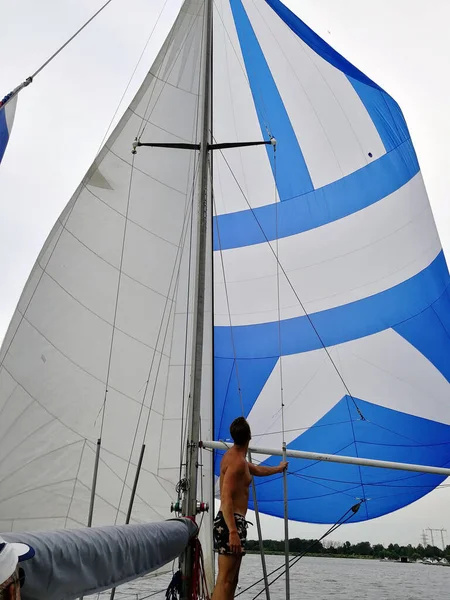 Yacht sail filled with wind, developing, Beautiful (coloring) colors of the sail, Spinnaker, fordewind