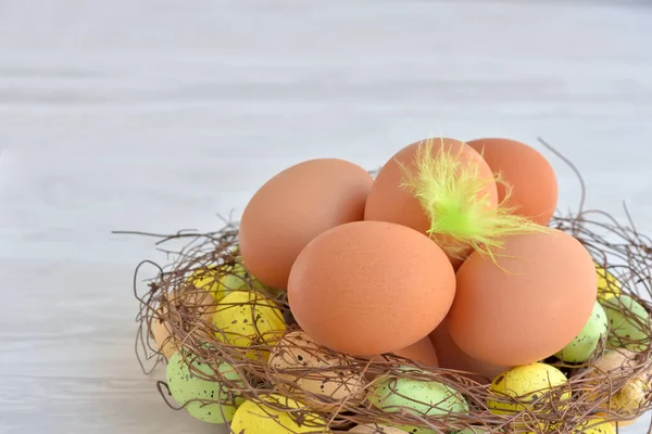 Пасхальные Яйца Сложены Венок Виде Гнезда Праздничный Домашний Декор Ручной — стоковое фото