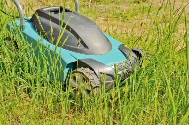 Profesyonel elektrikli çim biçme makinesi çim biçerken. Bahçe çim biçme, profesyonel bakım ve bakım.