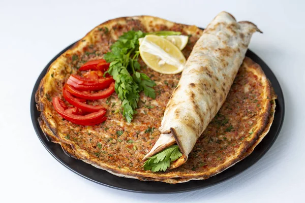 Traditional delicious Turkish foods; Turkish pizza, Turkish name; Lahmacun