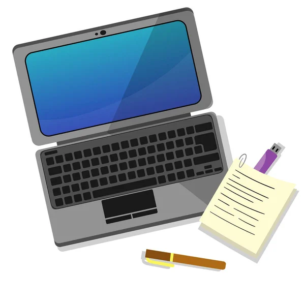 Laptop Flash Drive Met Pen Notitieblad Witte Achtergrond — Stockfoto
