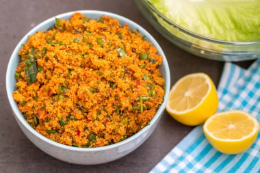 Traditional delicious Turkish food, bulgur salad close up view
