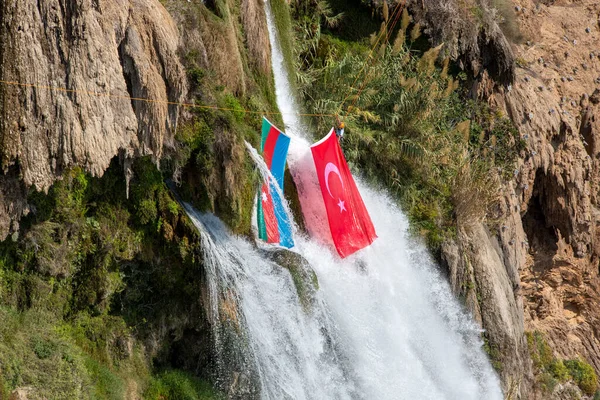 Antalya Turkey November 2020 Flags Azerbaijan Turkey Antalya Duden Waterfall — стокове фото