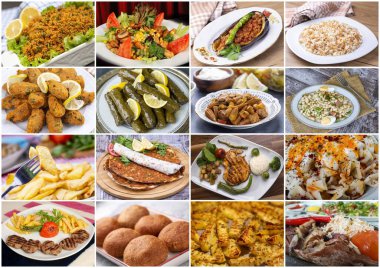 çeşitli yiyecek ve mezelerin kolajı