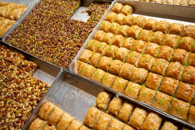 view of the baklava in a market stall