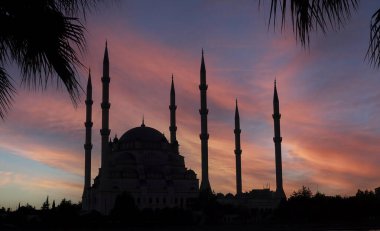 Adana / Türkiye, Sabancı Merkez Camii gece görüşü. Seyahat konsepti fotoğrafı. 