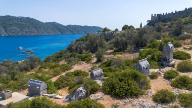 İnsansız hava aracı ile hava görüntüsü. Kalekoy - Simena - Kekova - Türkiye.