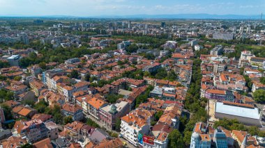 Filibe, Bulgaristan. Cuma Camii ve Nebet Tepe ile Eski Şehir 'in manzarası