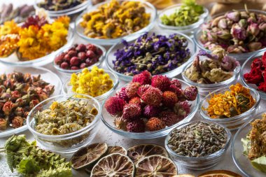 Kuru bitki çayı konsepti. Şifalı bitkiler şifalı bitkiler ve alternatif tıp.