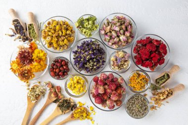 Kuru bitki çayı konsepti. Şifalı bitkiler şifalı bitkiler ve alternatif tıp.