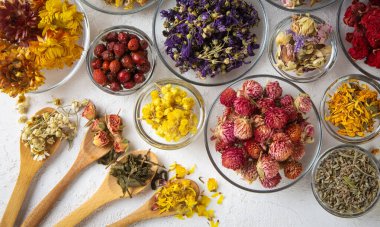 Kuru bitki çayı konsepti. Şifalı bitkiler şifalı bitkiler ve alternatif tıp.