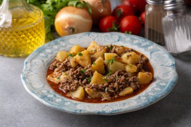 Traditional delicious Turkish food; meat potato dish (Turkish name; kiymali patetes)