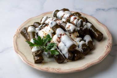 Geleneksel Türk mutfağından; yoğurtla doldurulmuş üzüm yaprakları - Dolmathes, Türkçe isim; yaprak sarmasi, dolma