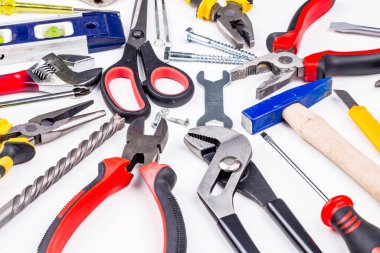 Various type of tools on white background