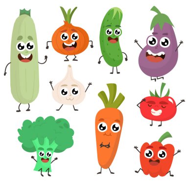 Neşeli, eğlenceli sebzeler çizgi film çizimi.