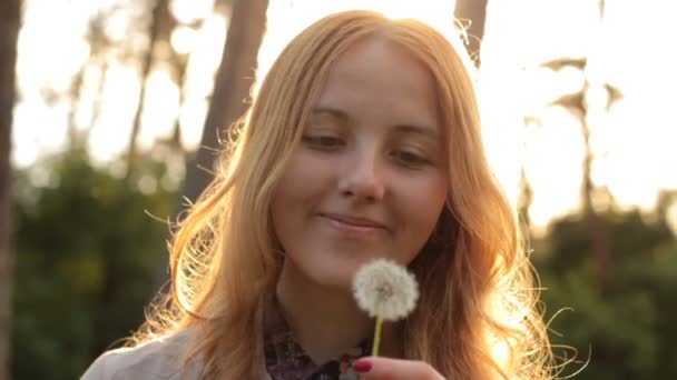 Jovial chica soplando diente de león y sonriendo a la cámara — Vídeo de stock