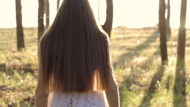 女孩在森林中去的太阳 — 图库视频影像