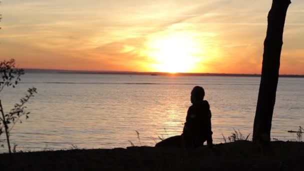 Silhouettes homme au coucher du soleil une nuit d'été claire — Video