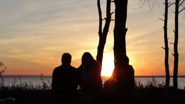 Mensen silhouetten bij zonsondergang een duidelijke zomeravond — Stockvideo