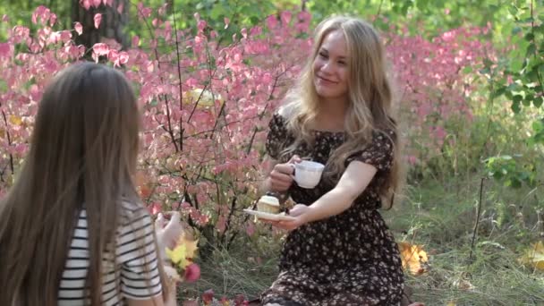 Young women drink tea and talking with girlfriend — Stock Video