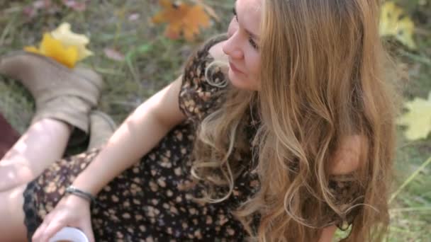 ピクニックと笑顔の秋に座っている若い女の子 — ストック動画