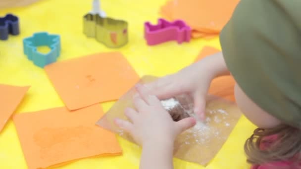 Nahaufnahme Mädchen Kochen von Weihnachtsplätzchen backen — Stockvideo