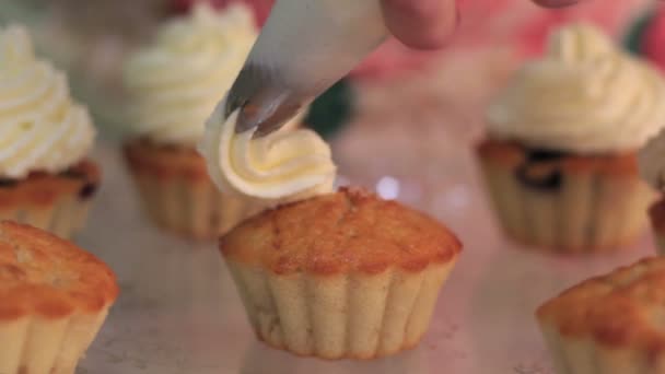 Whipped cream frosting applied to berry cupcakes — Stock Video