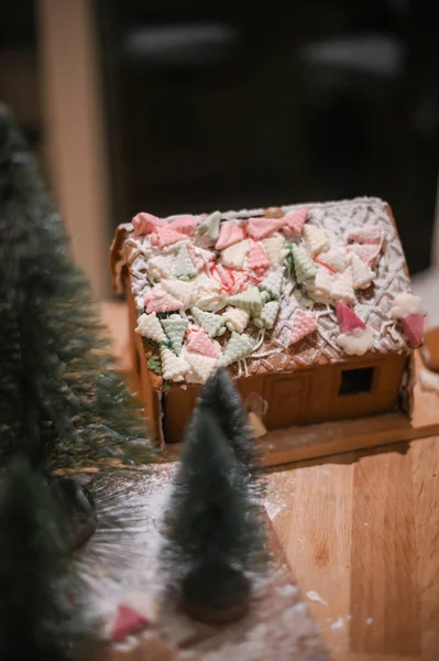 Ailesi Olan Yapımı Kurabiye Evi Çocuklar Için Noel Gelenekleri — Stok fotoğraf