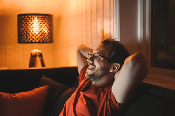 Portrait Attractive Nerdy Man Working Late Night Computer Living Room — Stock Photo, Image