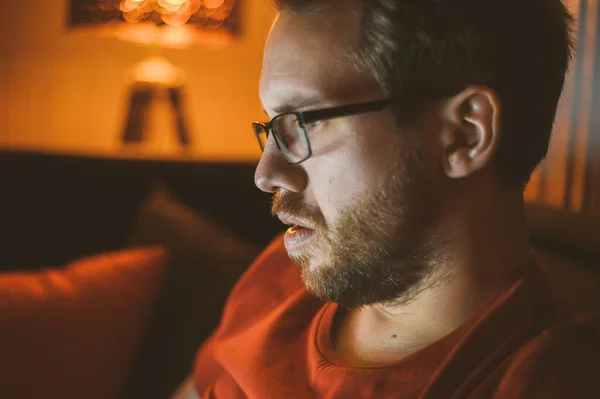 Portrait Attractive Nerdy Man Working Late Night Computer Living Room — Stock Photo, Image