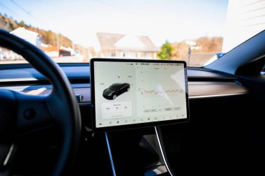 Tonsberg, Norveç - 18 Mart 2021: siyah Tesla modeli 3 Long Range çift motorlu arka planda İskandinav ormanı olan elektrikli bir otomobil..