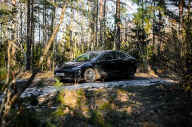 Tonsberg, Norveç - 18 Mart 2021: siyah Tesla modeli 3 Long Range çift motorlu arka planda İskandinav ormanı olan elektrikli bir otomobil..