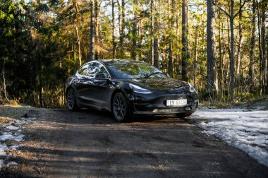 Tonsberg, Norveç - 18 Mart 2021: siyah Tesla modeli 3 Long Range çift motorlu arka planda İskandinav ormanı olan elektrikli bir otomobil..