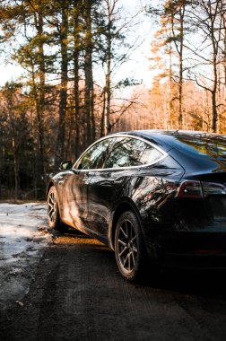 Tonsberg, Norveç - 18 Mart 2021: siyah Tesla modeli 3 Long Range çift motorlu arka planda İskandinav ormanı olan elektrikli bir otomobil..