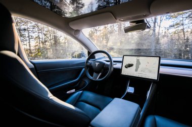 Tonsberg, Norveç - 18 Mart 2021: siyah Tesla modeli 3 Long Range çift motorlu arka planda İskandinav ormanı olan elektrikli bir otomobil..